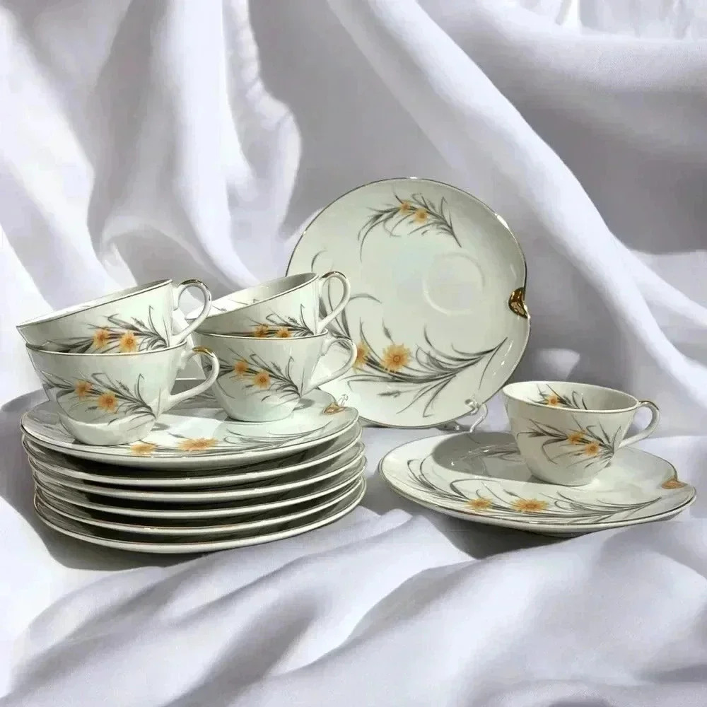 Vintage 1950s Napco China Hand Painted Wheat Flower Snack Plate and Tea Mug Set - Picture 2 of 7